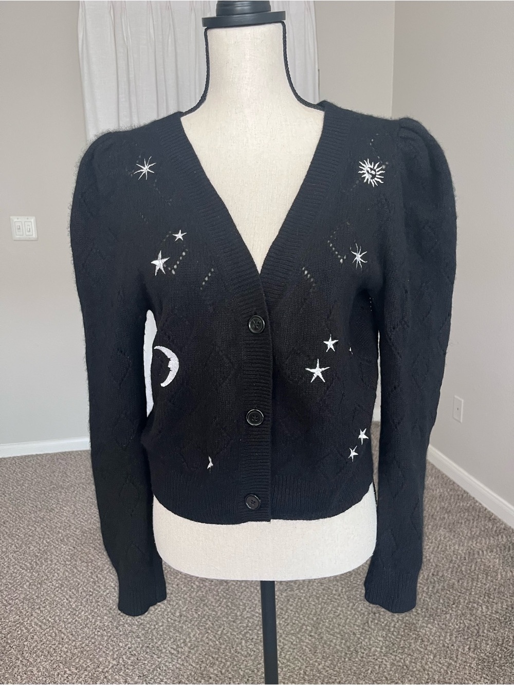 AQUA Cashmere Celestial Embroidered Pointelle Black Cardigan Size XL